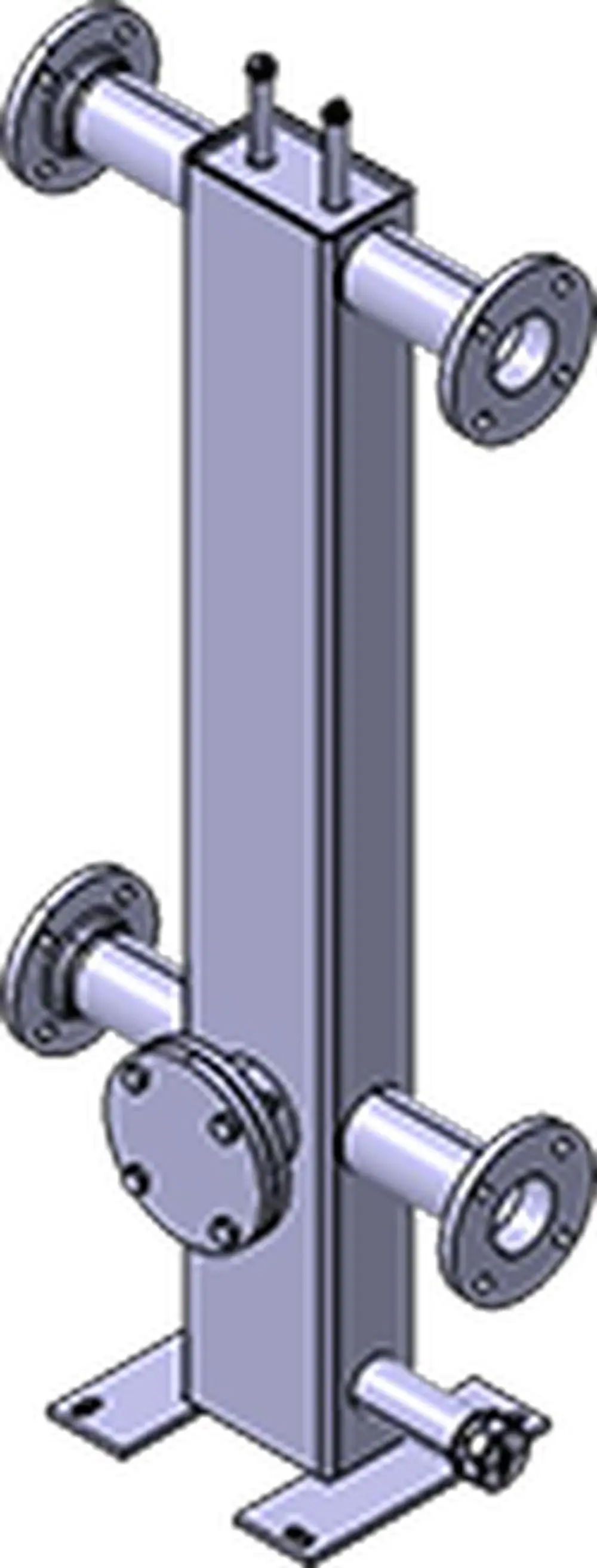 Hydraulische Weiche von Wolf mit mehreren Anschlüssen. Konstruktion aus Metall mit Flanschen an den Seiten zur Verbindung mit Rohren oder anderen Komponenten.
